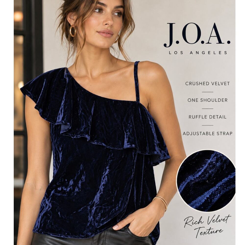 J.O.A. Navy Crushed Velvet One Shoulder Ruffle Top NWT Size S Y2K Inspired